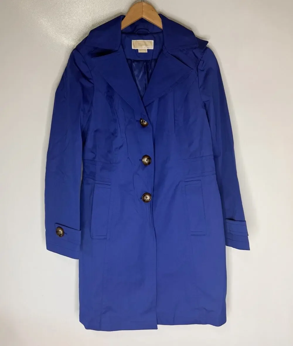 Michael Kors Trench Coat Womens M Blue Cobalt Mid Length Lined Button Front